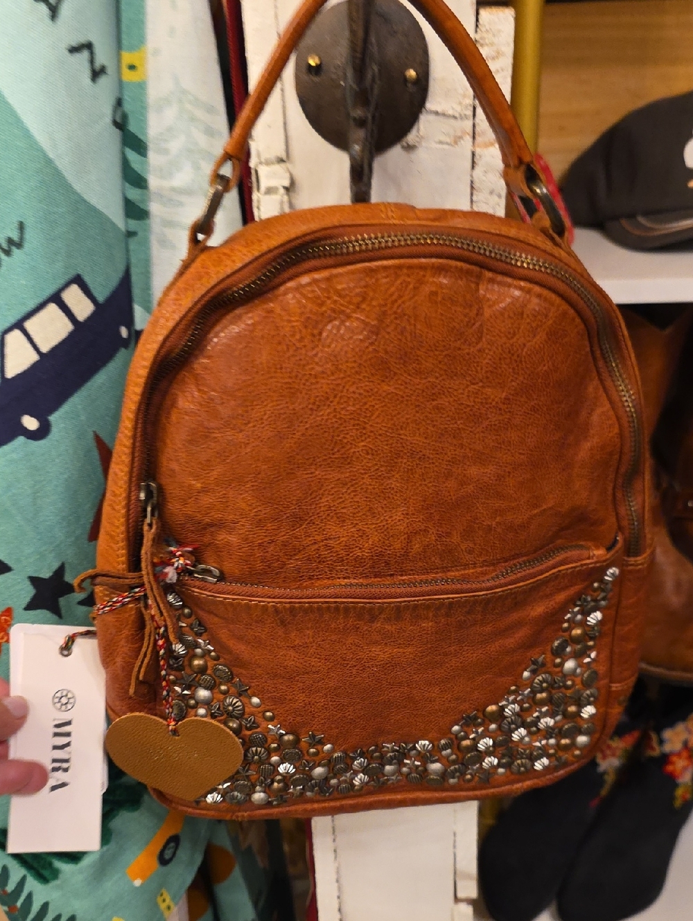 Myra Bag Tan Studded Floral Accent Faux Leather Backpack